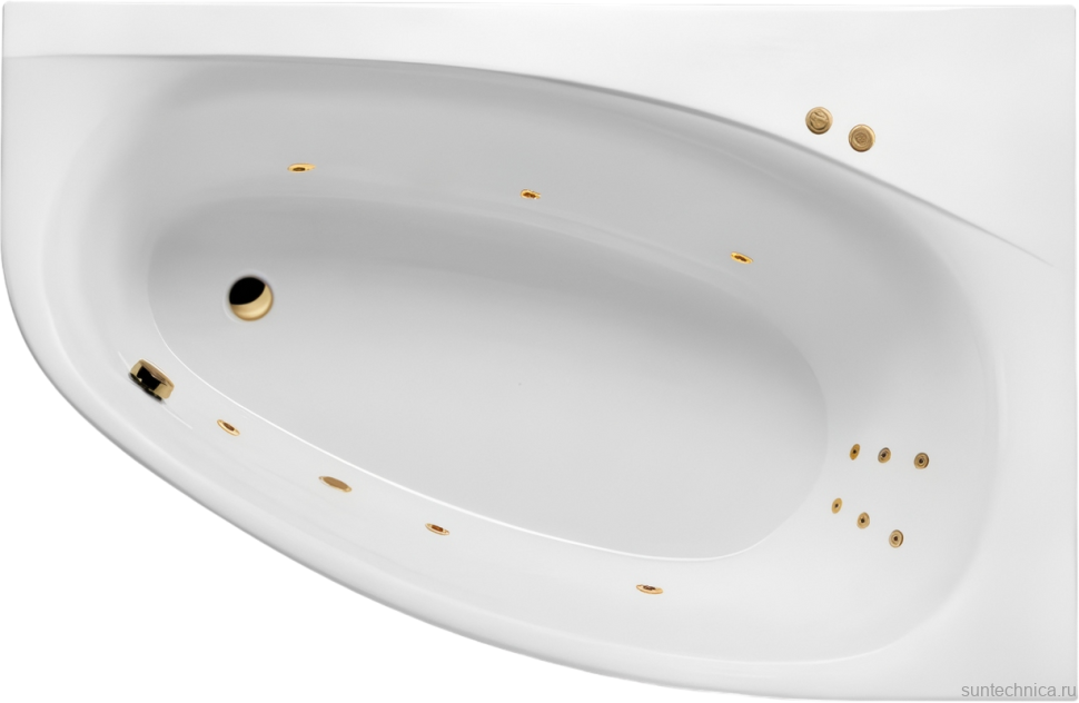 Акриловая ванна Excellent Kameleon Line R 170x110 см, угловая, правая, встраиваемая, с гидромассажем, белая, асимметричная, с каркасом, со сливом-переливом, фурнитура золото