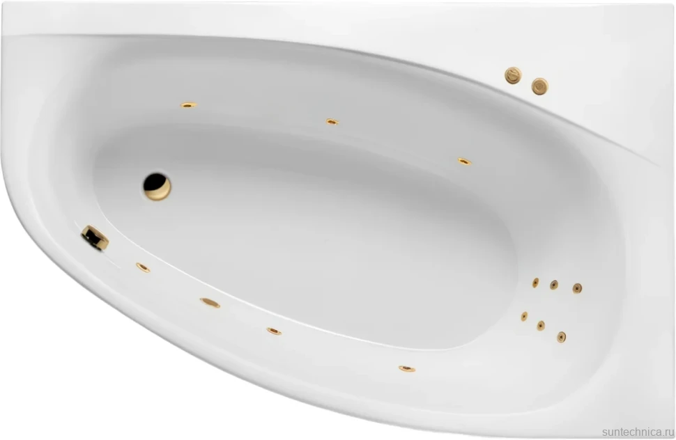 Акриловая ванна Excellent Kameleon Line R 170x110 см, угловая, правая, встраиваемая, с гидромассажем, белая, асимметричная, с каркасом, со сливом-переливом, фурнитура золото