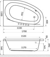 Акриловая ванна Excellent Kameleon Line R 170x110 см, угловая, правая, встраиваемая, с гидромассажем, белая, асимметричная, с каркасом, со сливом-переливом, фурнитура золото