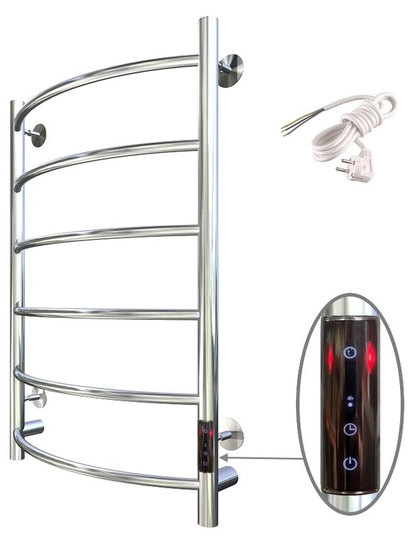 Полотенцесушитель электрический Тругор Пэк сп 5 80x55 см, подключение справа, слева, скрытое подключение справа, глянцевый хром, лесенка, дуга