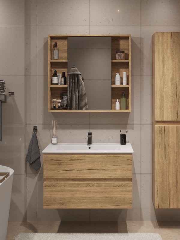 Мебель для ванной комнаты SanStar Lavanti 90 подвесная, дуб вотан, раковина Quadro 90