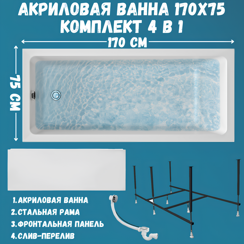 Акриловая ванна 1MarKa Bianca Премиум 170x75 см, пристенная, белая, с каркасом, с экраном, со сливом-переливом