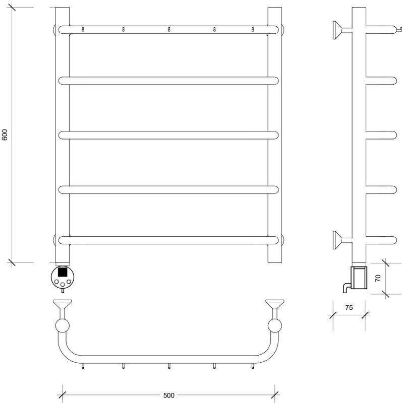 Полотенцесушитель электрический Secado Мерида 1 К 60x50 см, подключение слева, матовый черный, лесенка