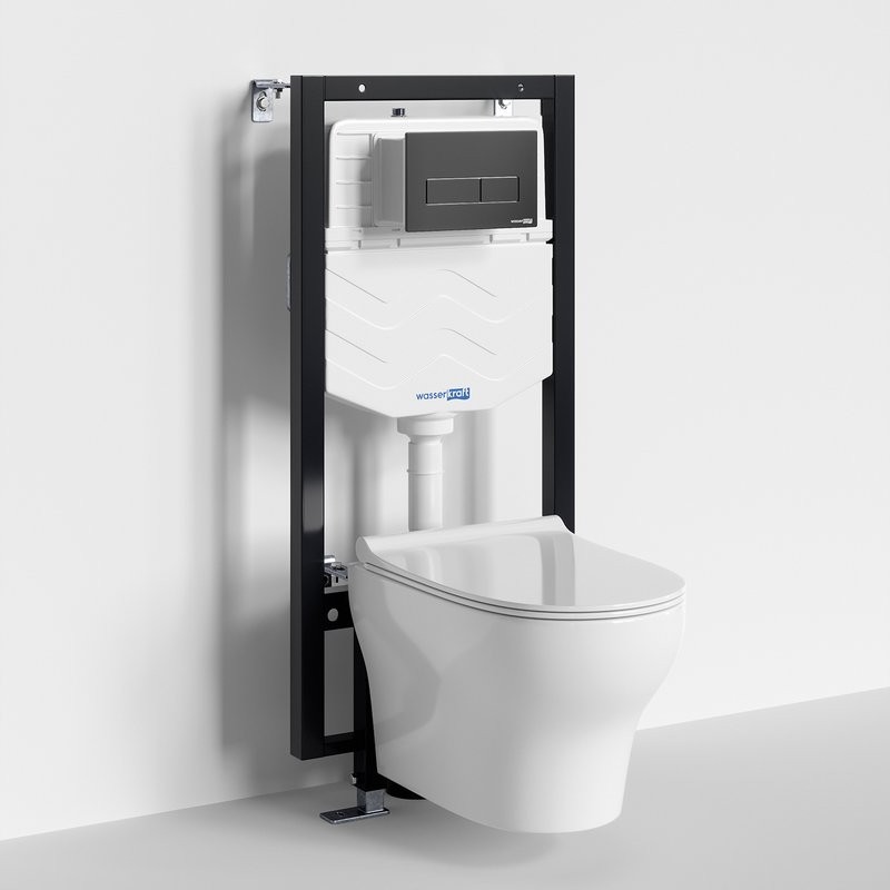 Комплект Унитаз подвесной WasserKRAFT Berkel H001 безободковый + Крышка для унитаза E034 + Система инсталляции для унитазов Vils 56TLT.010.ME + Кнопка смыва MB03