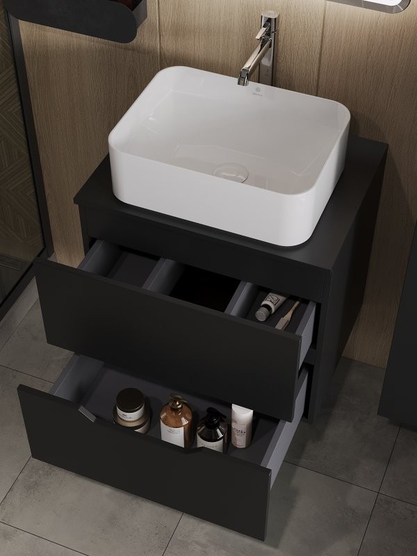 Мебель для ванной комнаты Orange Line 60 подвесная, 2 ящика, матовая черная с раковиной B02-460W