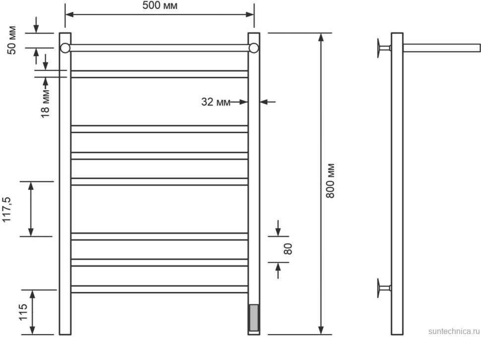 Полотенцесушитель электрический Comfysan Noumi EC-8 80x55 см, подключение справа, слева, матовый черный, лесенка, из стали, с полкой