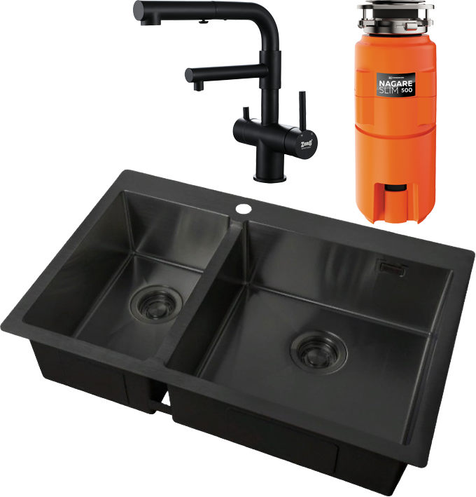 Комплект Мойка Zorg Light + Смеситель Sanitary SZR-3216 Grafit графит + Измельчитель Omoikiri Nagare slim 500
