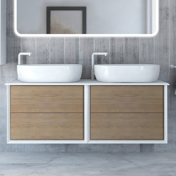 Тумба под раковину со столешницей Cezares Bellagio 140 подвесная, rovere tabacco, bianco opaco