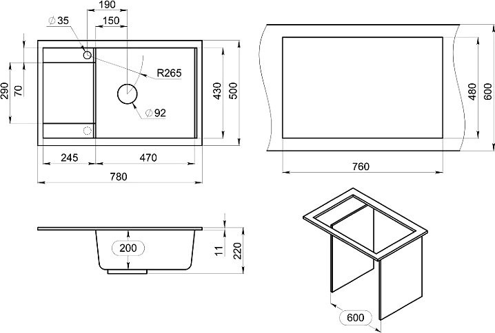Мойка кухонная Granula 7805, базальт