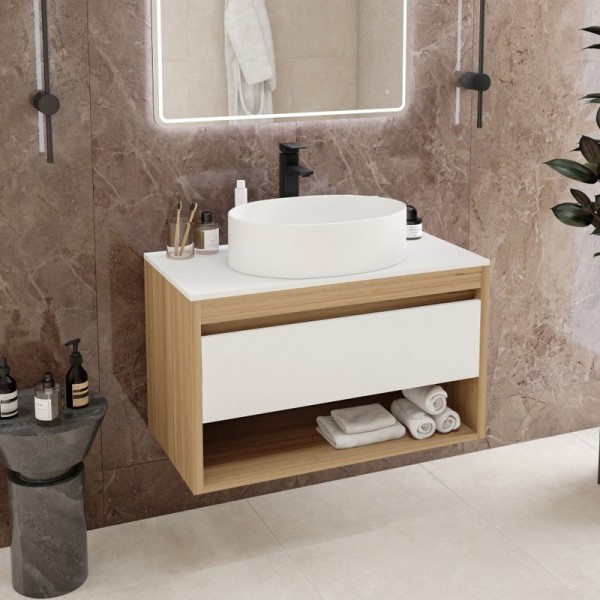 Тумба с раковиной Teymi Ritta 85 дуб эврика, матовая белая, раковина Lori 50