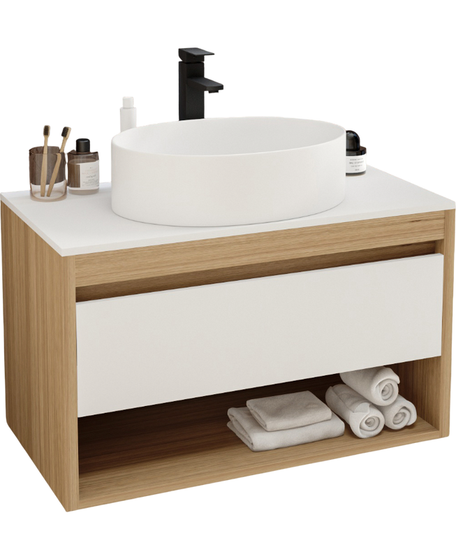 Тумба с раковиной Teymi Ritta 85 дуб эврика, матовая белая, раковина Lori 50
