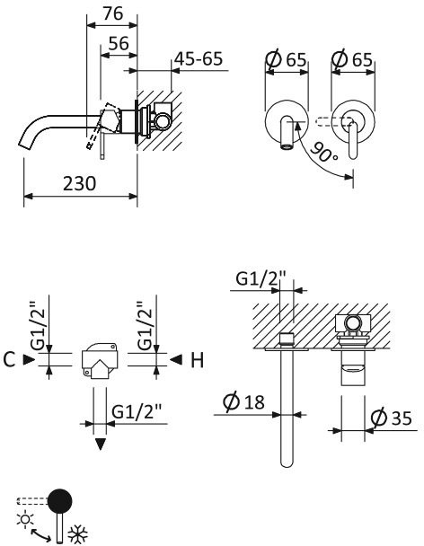Смеситель для раковины Cezares Leaf BLI2-L-SR С ВНУТРЕННЕЙ ЧАСТЬЮ, sunrise