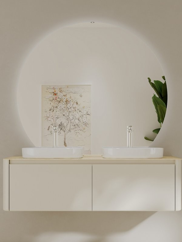 Тумба с раковиной Black&White 140 подвесная, глянцевая бежевая, две раковины