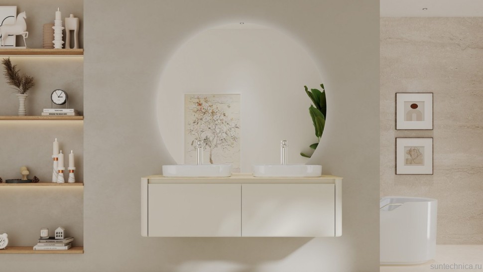 Тумба с раковиной Black&White 140 подвесная, глянцевая бежевая, две раковины