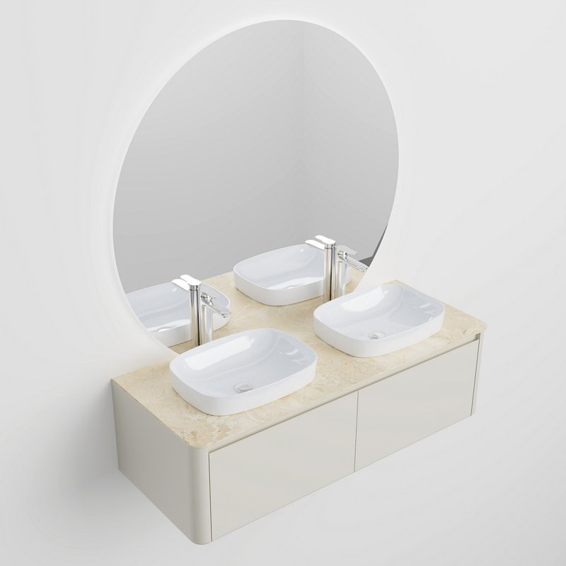 Тумба с раковиной Black&White 140 подвесная, глянцевая бежевая, две раковины