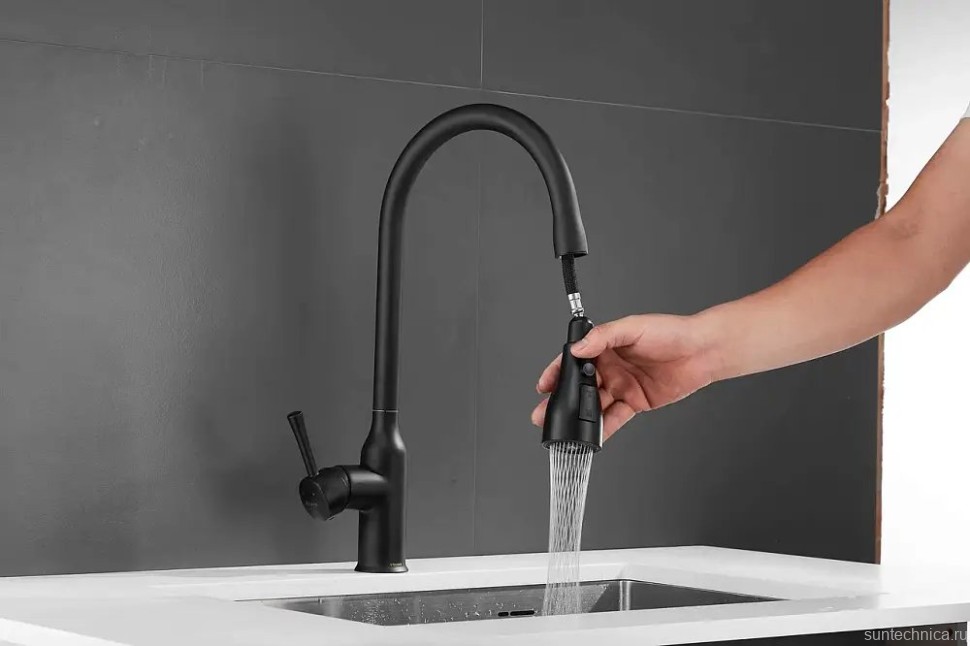 Смеситель для кухни Shevanik S163H с выдвижным изливом, черный