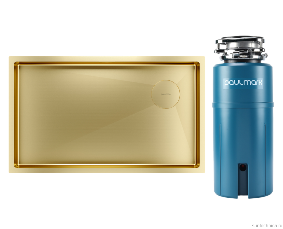 Комплект Мойка Paulmark Next-Skew PM887444-BG брашированное золото + Измельчитель Intenso