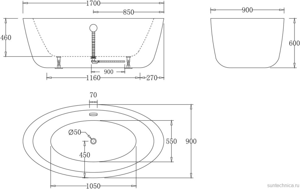 Акриловая ванна BelBagno BB67-1700 170x90 см, отдельностоящая, белая, овальная, с каркасом, со сливом-переливом