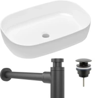 Комплект Накладная раковина Lavinia Boho Bathroom Sink Slim 33311003 + Донный клапан Wellsee Drainage System 182140000 матовый черный + Сифон 182105000 матовый черный