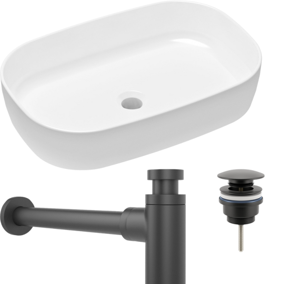 Комплект Накладная раковина Lavinia Boho Bathroom Sink Slim 33311003 + Донный клапан Wellsee Drainage System 182140000 матовый черный + Сифон 182105000 матовый черный