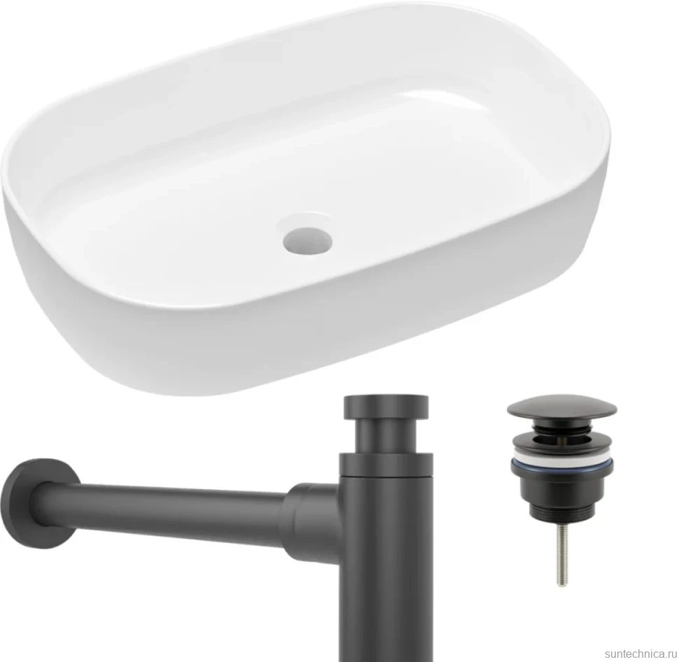 Комплект Накладная раковина Lavinia Boho Bathroom Sink Slim 33311003 + Донный клапан Wellsee Drainage System 182140000 матовый черный + Сифон 182105000 матовый черный