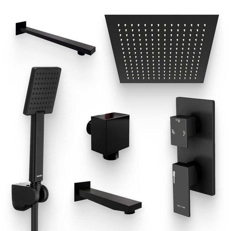 Душевой комплект Смеситель Wasserkraft Abens 2071 С ВНУТРЕННЕЙ ЧАСТЬЮ + Гарнитур Swedbe Hermes 5136B черный матовый + Подключение Glan A178 + Душ A162 + Кронштейн A219 + Излив A220 для ванны