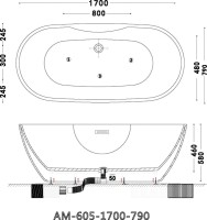 Акриловая ванна Art&Max AM-605-1700-790 170x80 см, отдельностоящая, белая, овальная, с каркасом, со сливом-переливом