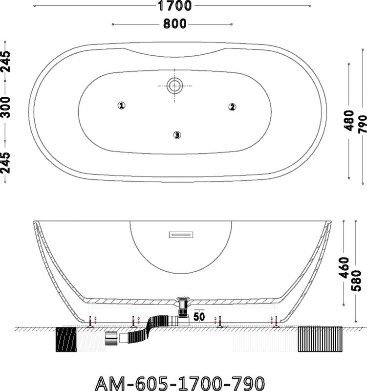 Акриловая ванна Art&Max AM-605-1700-790 170x80 см, отдельностоящая, белая, овальная, с каркасом, со сливом-переливом