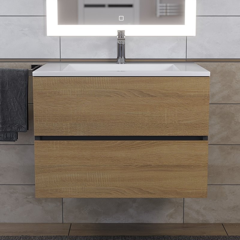 Тумба с раковиной Uperwood Barsa 70 подвесная, черная, дуб сонома, раковина Next белая