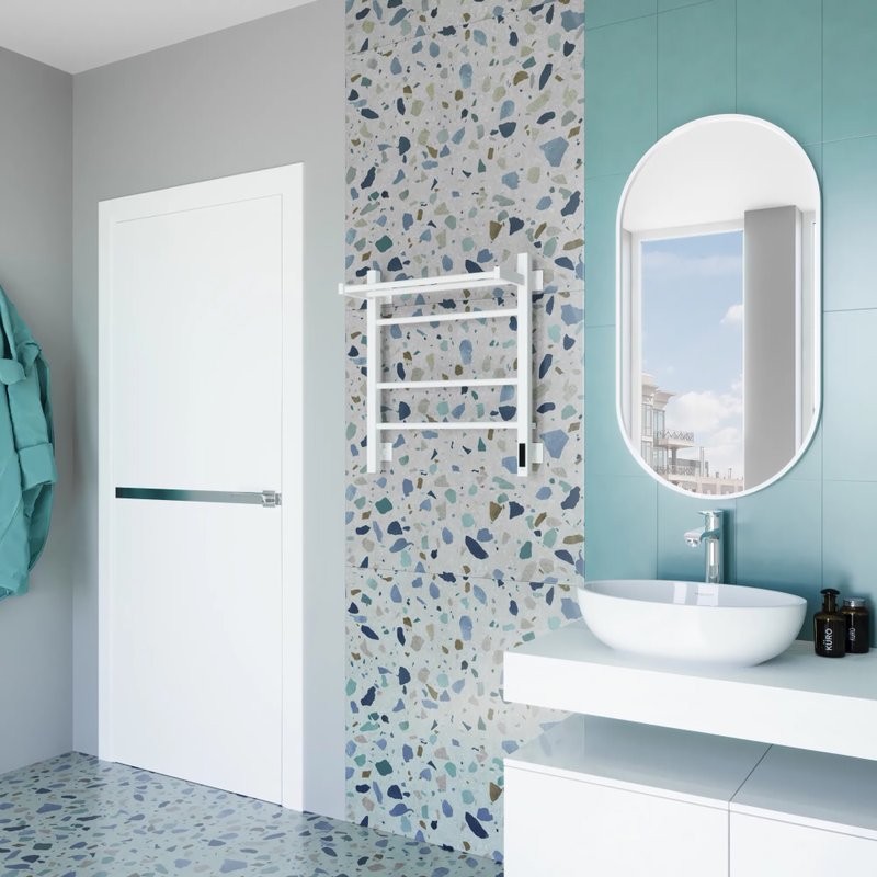 Полотенцесушитель электрический Grota Alto 530х600 RAL9016 EL 60x55 см, подключение справа, слева, скрытое подключение справа, матовый белый, лесенка, из стали, с полкой