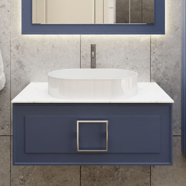 Тумба под раковину со столешницей La Fenice Cubo 80 подвесная, синяя, столешница белый мрамор, белая ручка