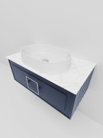 Тумба под раковину со столешницей La Fenice Cubo 80 подвесная, синяя, столешница белый мрамор, белая ручка