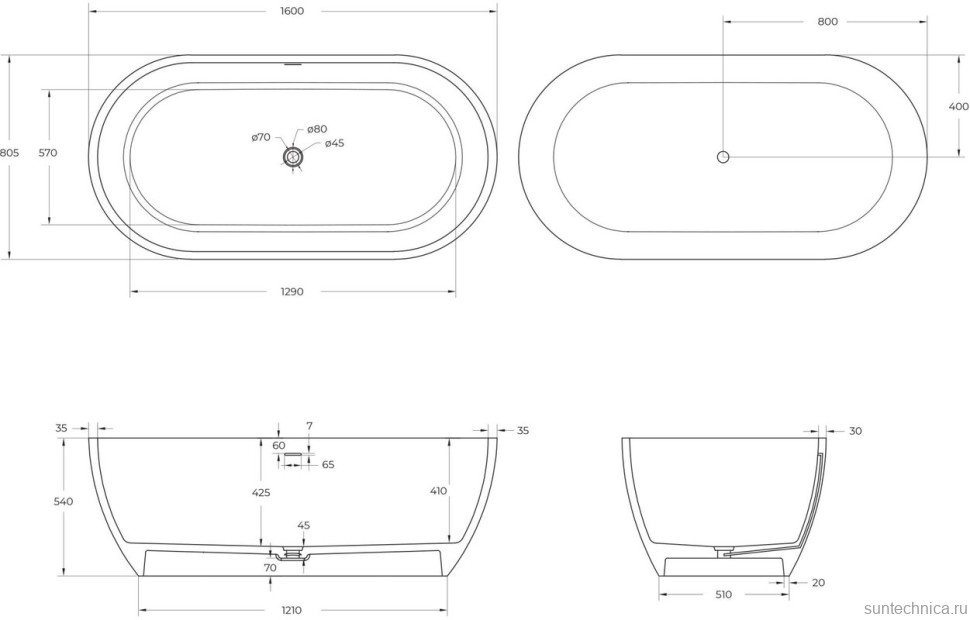 Ванна из искусственного камня Cezares Stylus Solid Surface 160x80 см, отдельностоящая, матовая белая, овальная, со сливом-переливом, с донным клапаном