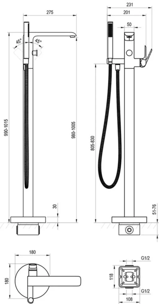 Напольный смеситель для ванны с душем Ravak Flat FL 080.20BL.RB07A черный
