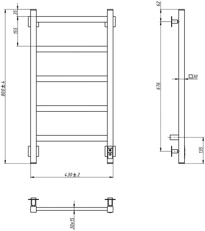 Полотенцесушитель электрический Grota Soffi K 430х800 NP EL 80x45 см, подключение справа, слева, скрытое подключение справа, глянцевый хром, лесенка