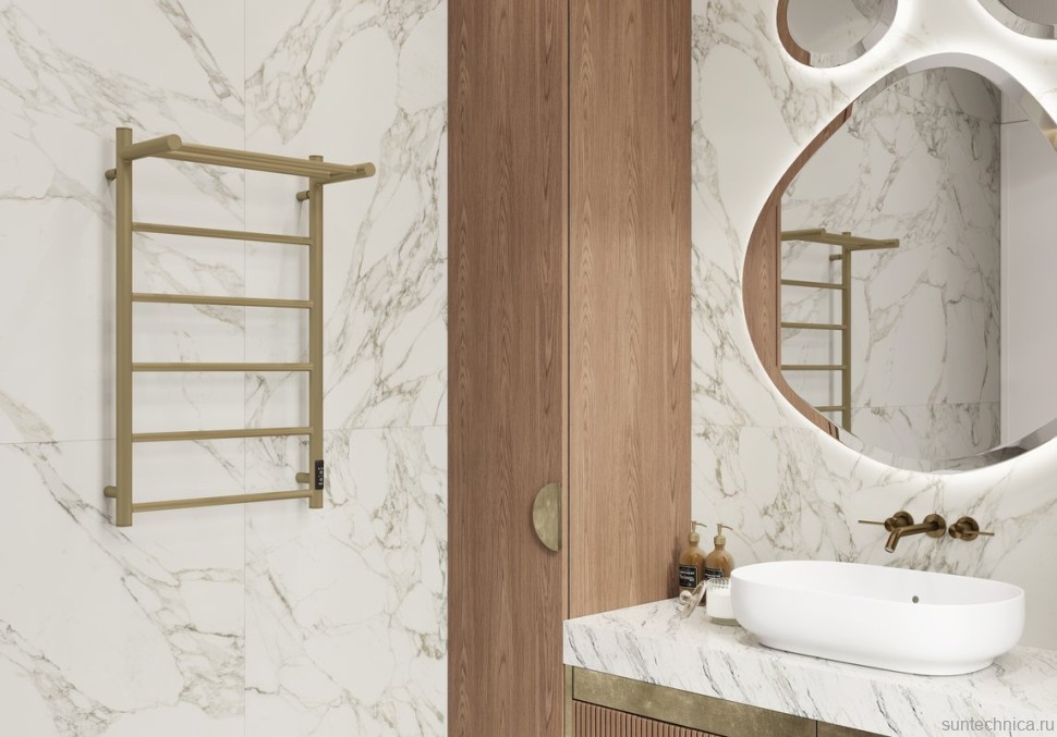 Полотенцесушитель электрический Двин Fj neo 80х50, матовое золото, с полкой