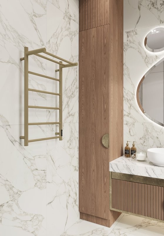 Полотенцесушитель электрический Двин Fj neo 80х50, матовое золото, с полкой