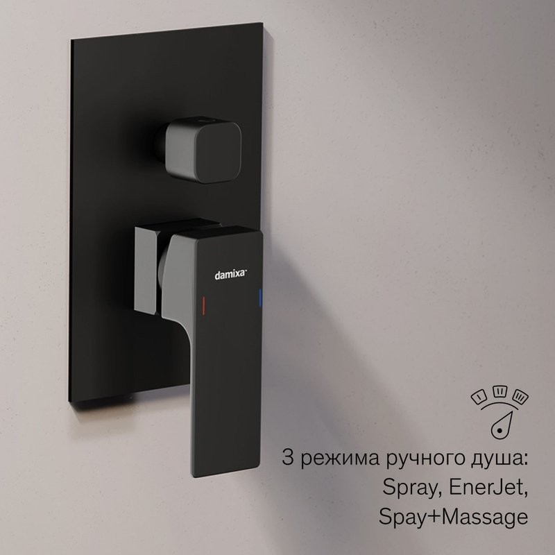 Душевая система с тропическим душем Damixa Gala 953510300 черная матовая, скрытого монтажа, смеситель для 3 потребителей, верхний душ, излив, встраиваемый душевой комплект, гарантия 10 лет, Дания
