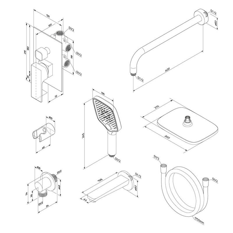 Душевая система с тропическим душем Damixa Gala 953510300 черная матовая, скрытого монтажа, смеситель для 3 потребителей, верхний душ, излив, встраиваемый душевой комплект, гарантия 10 лет, Дания