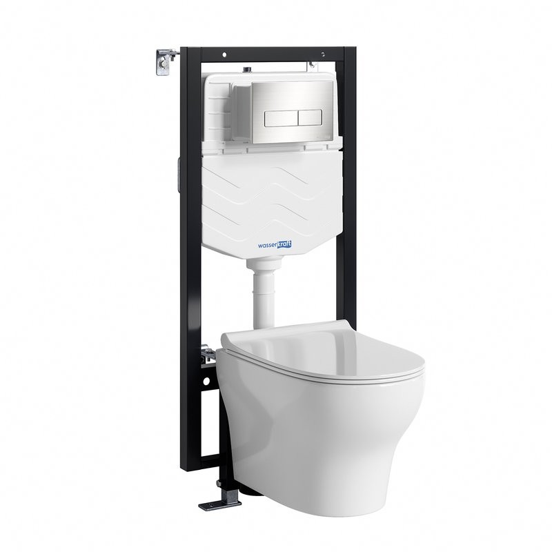 Комплект Унитаз подвесной WasserKRAFT Berkel H001 безободковый + Крышка для унитаза E034 + Система инсталляции для унитазов Vils 56TLT.010.ME + Кнопка смыва BN03