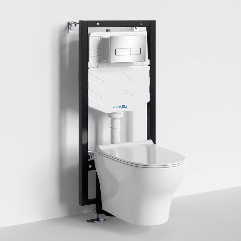 Комплект Унитаз подвесной WasserKRAFT Berkel H001 безободковый + Крышка для унитаза E034 + Система инсталляции для унитазов Vils 56TLT.010.ME + Кнопка смыва BN03