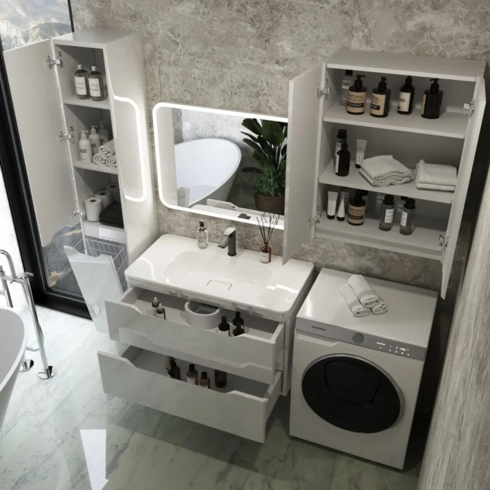 Тумба под раковину Style Line Марелла 90 подвесная, антискрейтч, белый глянец