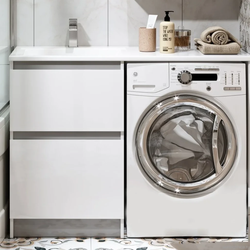 Тумба с раковиной Alavann Soft Silver 120 L под стиральную машину, белая