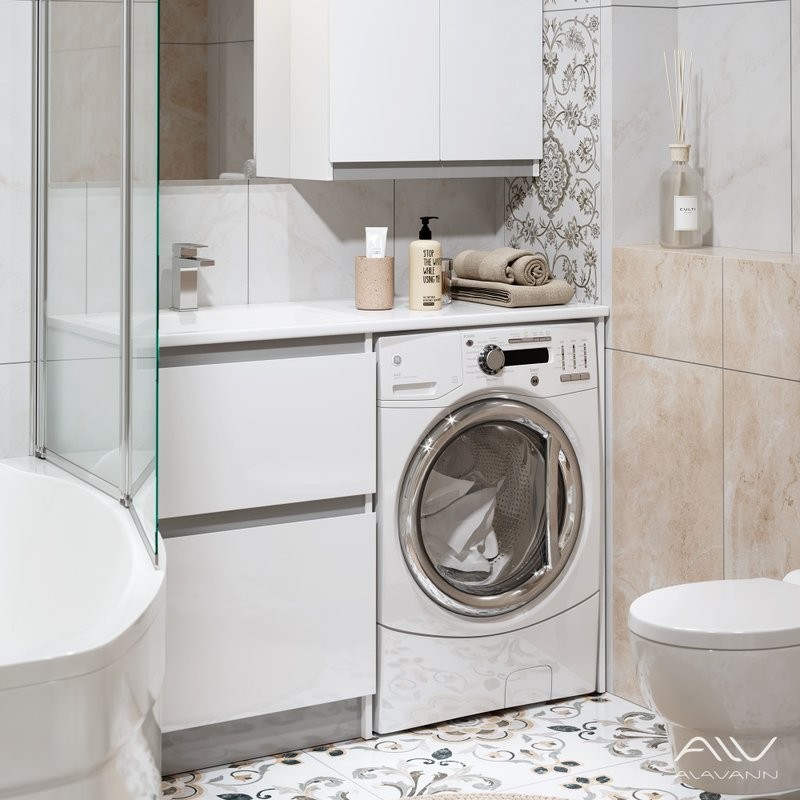 Тумба с раковиной Alavann Soft Silver 120 L под стиральную машину, белая