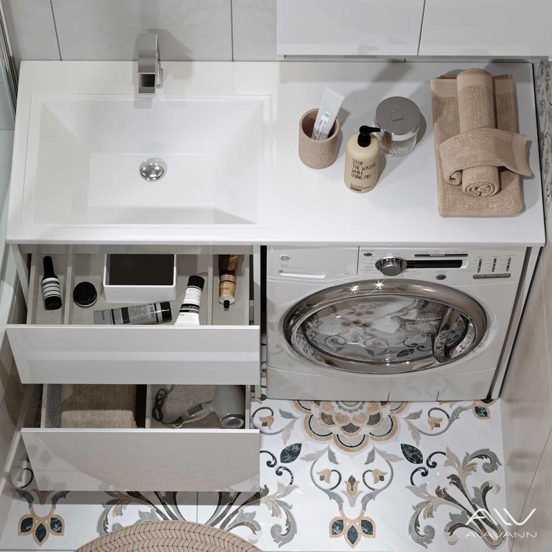 Тумба с раковиной Alavann Soft Silver 120 L под стиральную машину, белая