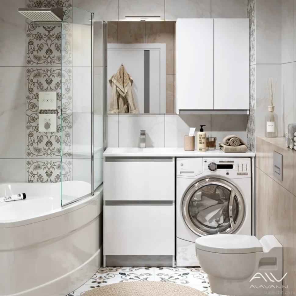 Тумба с раковиной Alavann Soft Silver 120 L под стиральную машину, белая