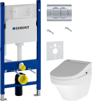 Комплект Унитаз подвесной AM.PM Inspire FlashClean C501700WH + Крышка Admire CCC7851WH с функцией биде, петли хром + Инсталляция Geberit Duofix Delta 458.149.21.1 с кнопкой смыва, хром + Звукоизоляция