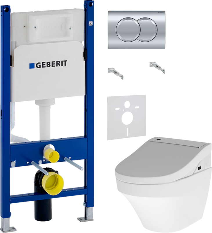 Комплект Унитаз подвесной AM.PM Inspire FlashClean C501700WH + Крышка Admire CCC7851WH с функцией биде, петли хром + Инсталляция Geberit Duofix Delta 458.149.21.1 с кнопкой смыва, хром + Звукоизоляция