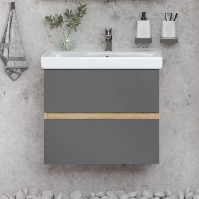 Тумба с раковиной SanStar Graffa 60 подвесная, дуб вотан, графит софт, раковина Фест
