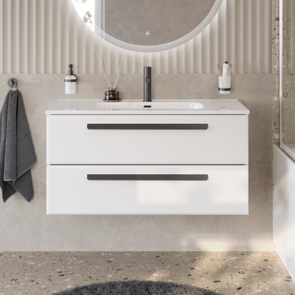 Тумба с раковиной Cezares Eco Cer-N 100 bianco lucido, раковина Duet 100, ручки матовые черные